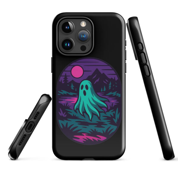 Phantom Forest Haunted Sunset Series iPhone case mockup on plain background, featuring spectral figure in eerie forest