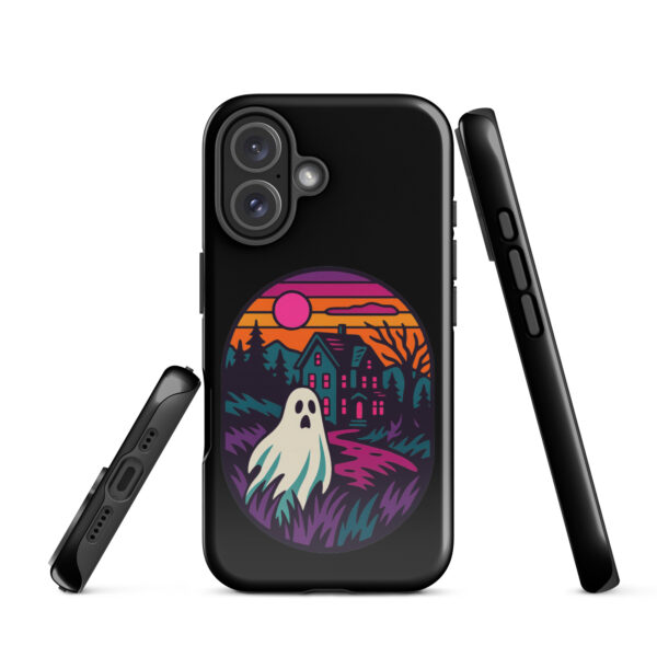 Ghostly Getaway Haunted Sunset Series iPhone case mockup on plain background, featuring ghost and haunted house design