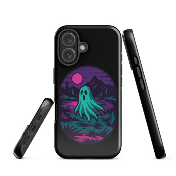 Phantom Forest Haunted Sunset Series iPhone case mockup on plain background, featuring spectral figure in eerie forest