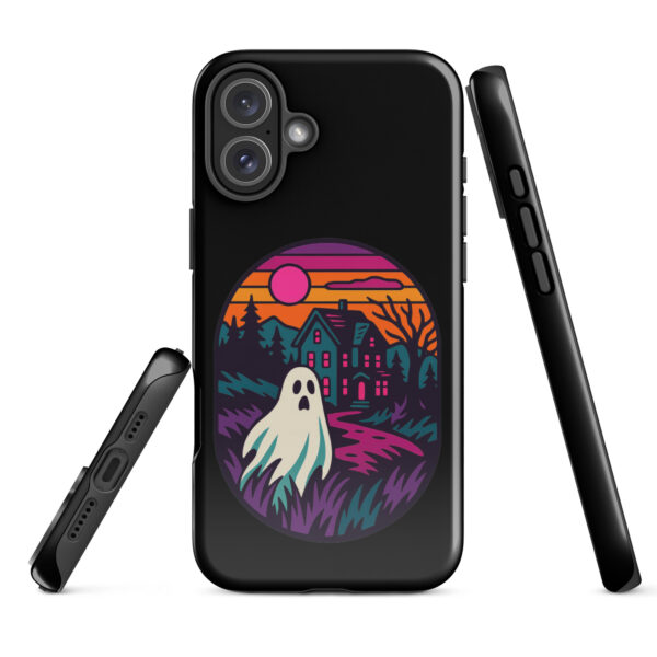 Ghostly Getaway Haunted Sunset Series iPhone case mockup on plain background, featuring ghost and haunted house design