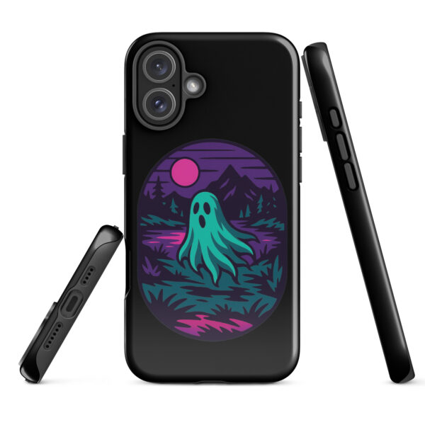 Phantom Forest Haunted Sunset Series iPhone case mockup on plain background, featuring spectral figure in eerie forest