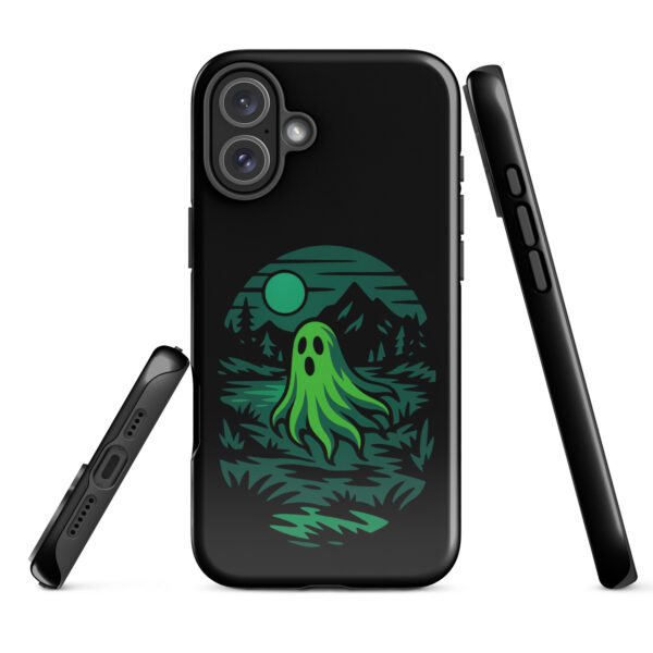 Ghoul’s Hollow Haunted Sunset Series iPhone case mockup on plain background, featuring glowing green ghost in dark forest