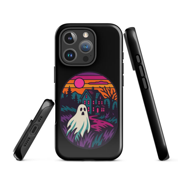 Ghostly Getaway Haunted Sunset Series iPhone case mockup on plain background, featuring ghost and haunted house design