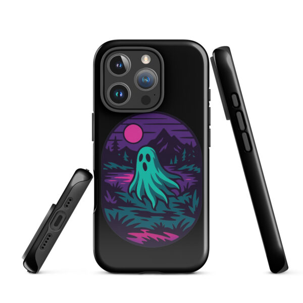 Phantom Forest Haunted Sunset Series iPhone case mockup on plain background, featuring spectral figure in eerie forest