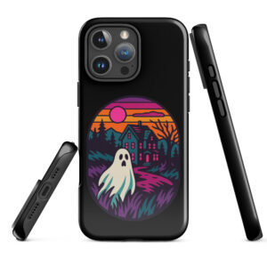 Ghostly Getaway Haunted Sunset Series iPhone case mockup on plain background, featuring ghost and haunted house design