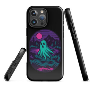 Phantom Forest Haunted Sunset Series iPhone case mockup on plain background, featuring spectral figure in eerie forest