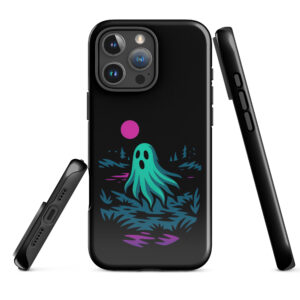 Specter Shores Haunted Sunset Series iPhone case mockup on plain background, featuring ghost at haunted shore