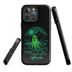 Ghoul’s Hollow Haunted Sunset Series iPhone case mockup on plain background, featuring glowing green ghost in dark forest