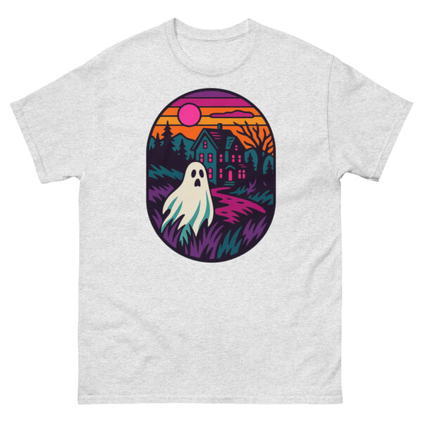 Ash grey t-shirt featuring a cute ghost and haunted house at sunset with neon pink and orange highlights.
