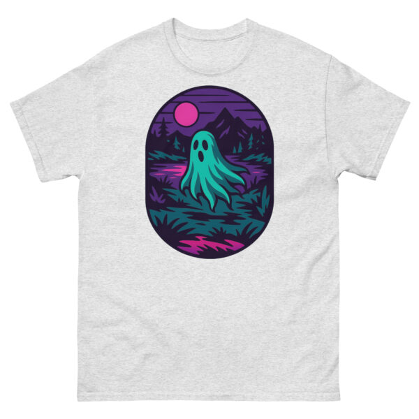 Ash grey t-shirt with a neon ghost and lake scene in teal and pink hues under a magenta moon.