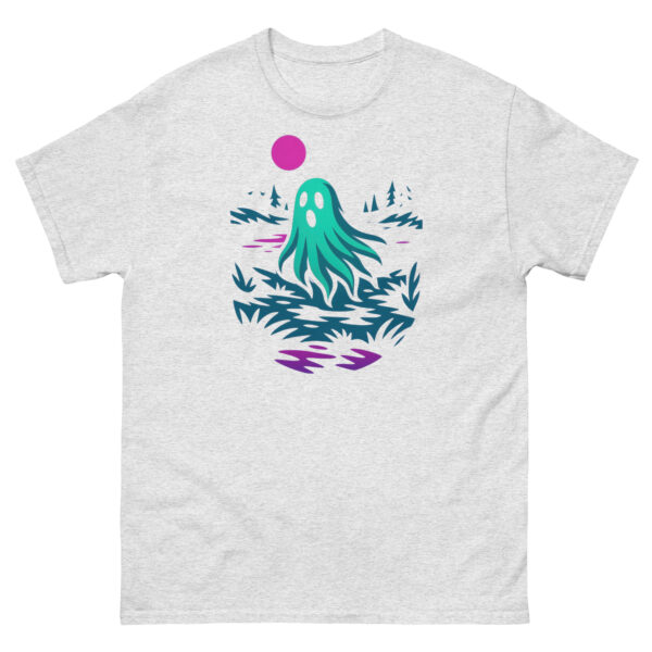 Ash grey t-shirt with a teal ghost floating over grass near a lake under a neon pink moon.
