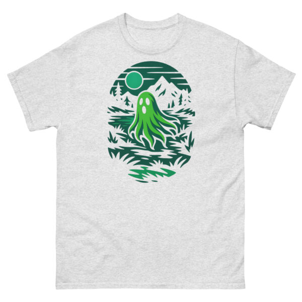 Ash grey t-shirt with a green ghost drifting through a moonlit mountain hollow.