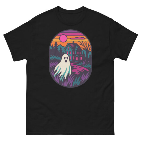 Black t-shirt featuring a vibrant graphic of a cute ghost near a haunted house at sunset, with pink, orange, and purple accents.