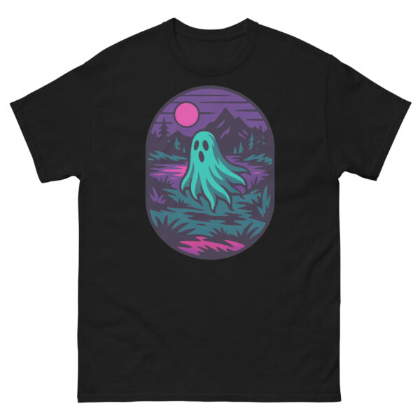 Black t-shirt featuring a neon-style graphic of a ghost floating by a moonlit lake with mountains and trees in the background.