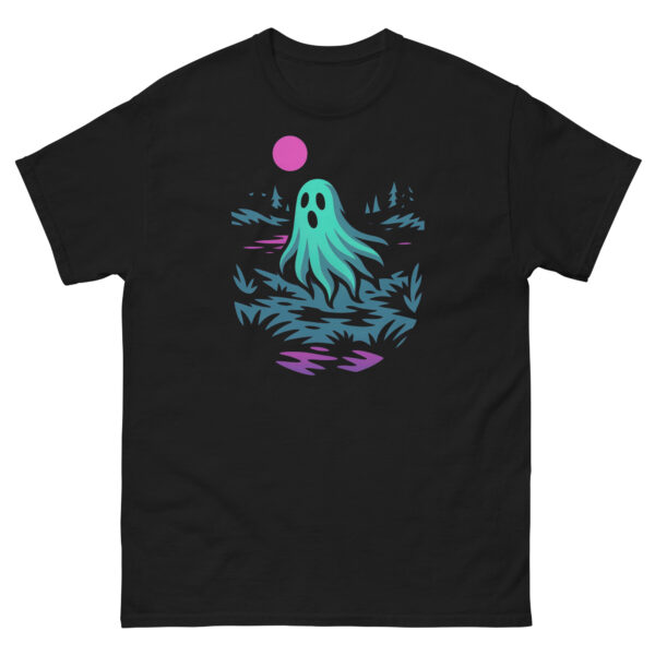 Black t-shirt with a neon teal ghost floating near a moonlit lakeshore under a pink moon.