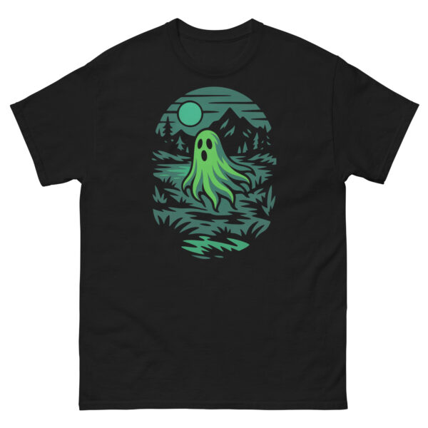 Black t-shirt with a glowing green ghost drifting through a hollow at night with a moon and mountains.