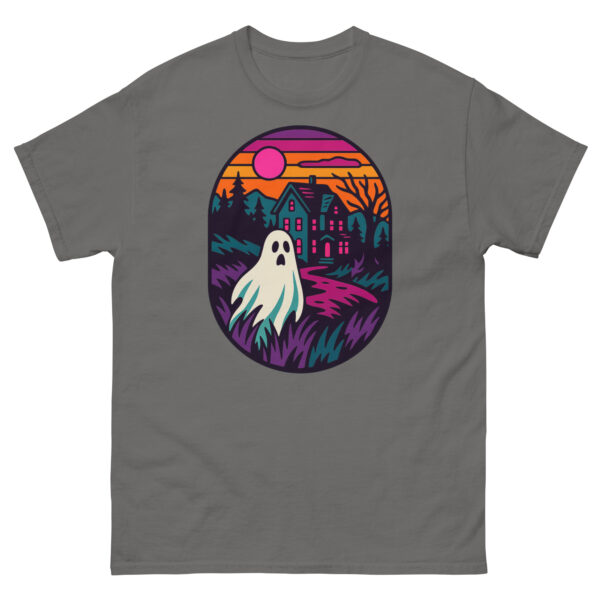 Charcoal t-shirt with a bright haunted house sunset design and a cute ghost floating in front.