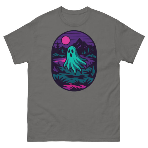 Charcoal t-shirt featuring a spooky neon ghost floating by a mountain lake with a magenta moon.