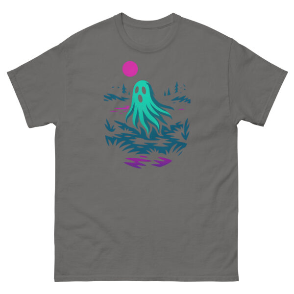 Charcoal t-shirt with a teal ghost design floating by a neon pink moon and lakeshore.
