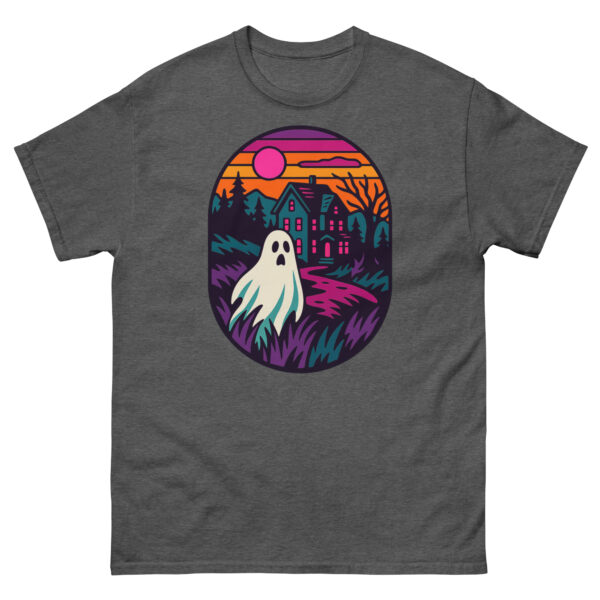 Dark heather gray t-shirt featuring a cute ghost and haunted house at sunset with pink, orange, and purple highlights.