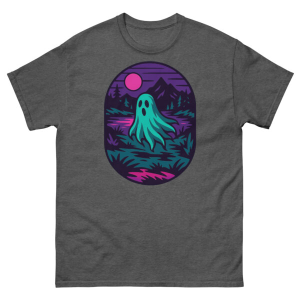 Dark heather gray t-shirt with a ghost by a moonlit lake graphic in neon teal and pink tones.