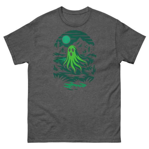 Dark heather gray t-shirt featuring a glowing green ghost floating through a moonlit hollow.