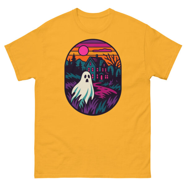 Gold t-shirt with a haunted house sunset graphic featuring a cute ghost, pink sun, and purple path.