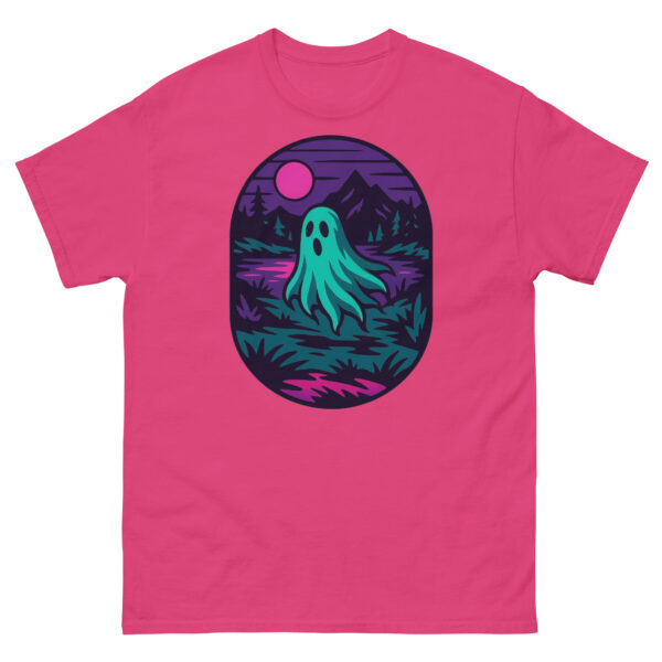Heliconia (bright pink) t-shirt with a glowing teal ghost floating by a lake under a magenta moon.