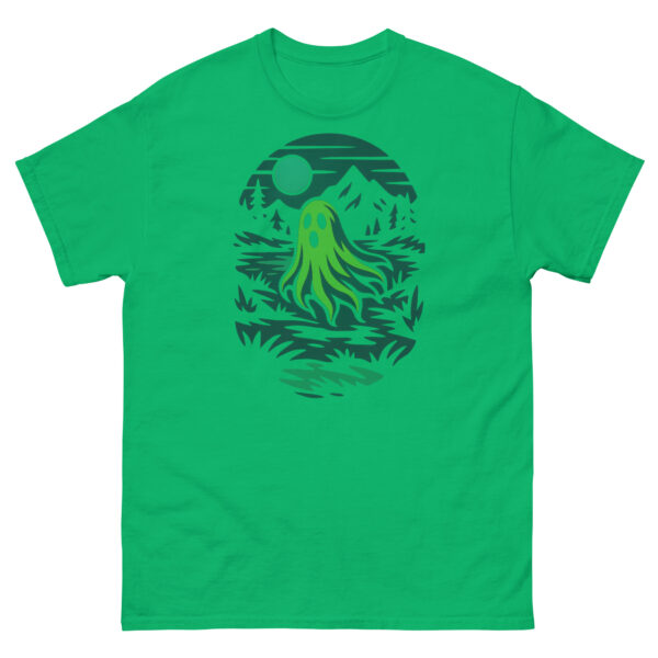 Irish green t-shirt featuring a glowing ghost in a moonlit hollow with mountains and trees.