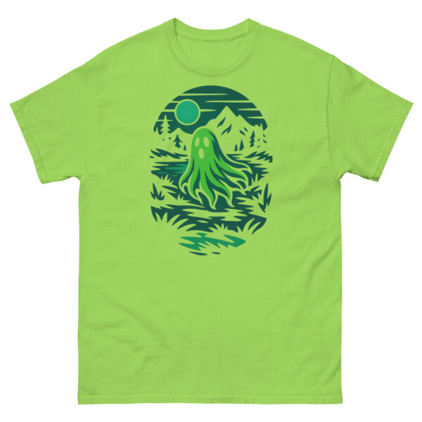 Lime green t-shirt with a green ghost floating through a moonlit hollow.
