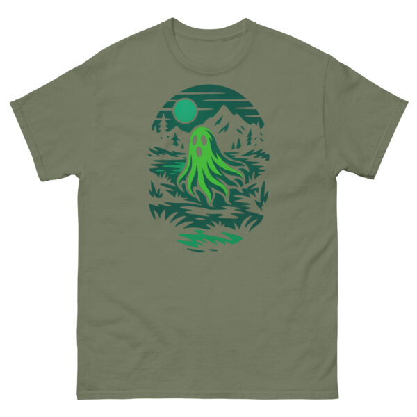 Military green t-shirt with a glowing ghost design in a moonlit hollow scene.