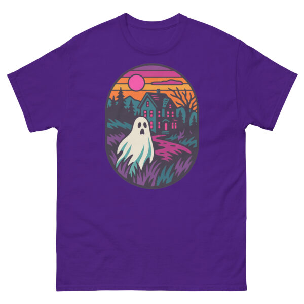 Purple t-shirt with a colorful haunted house scene at sunset and a cute ghost in the foreground.