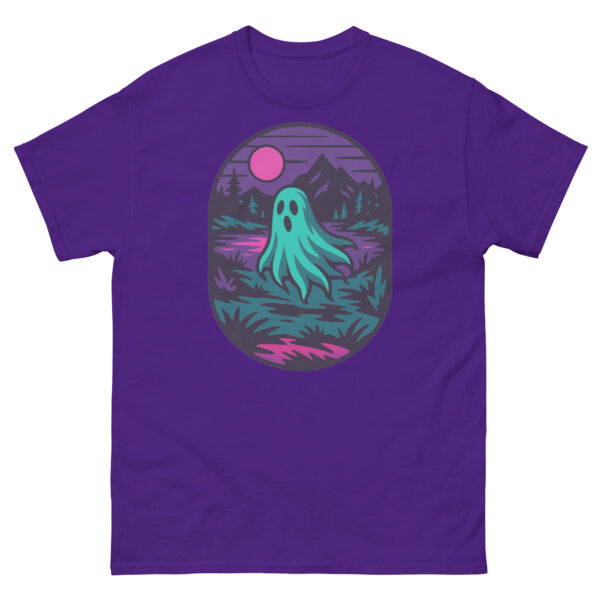 Purple t-shirt with a bright ghost and moonlit lake scene in teal, pink, and magenta tones.