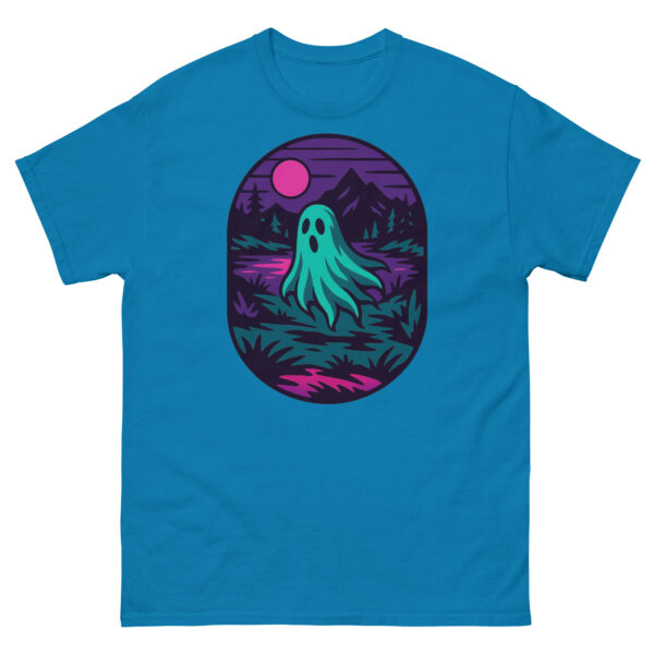 Sapphire blue t-shirt with a neon ghost by a lake graphic in teal, pink, and magenta.