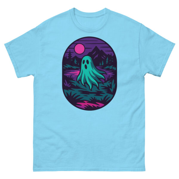 Sky blue t-shirt featuring a neon ghost and mountain lake scene with teal and magenta highlights.