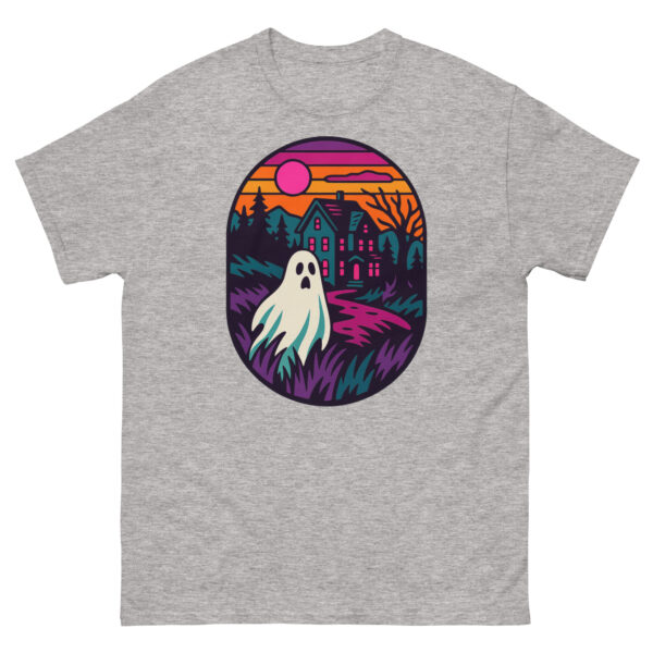 Sport grey t-shirt with a haunted house and ghost graphic, accented in pink, orange, and purple sunset colors.