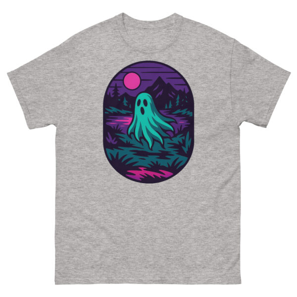 Sport grey t-shirt with a spooky neon ghost floating by a lake and mountains under a pink moon.