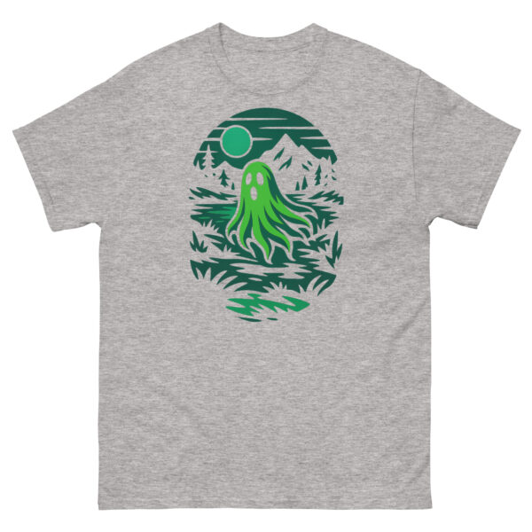Sport grey t-shirt featuring a glowing green ghost floating through a wild hollow at night.