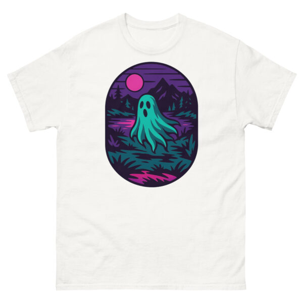 White t-shirt featuring a neon ghost and moonlit mountain lake scene with bright teal and pink details.