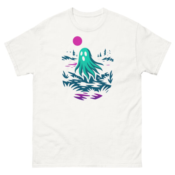 White t-shirt with a bright teal ghost and pink moon lakeshore design.