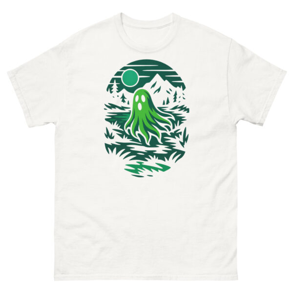 White t-shirt featuring a glowing green ghost drifting through a hollow under a full moon.
